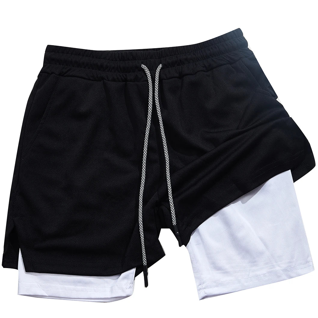 2025 Zipper Pockets 2 In 1 Double-layer Quick Dry NEW Men Fitness Bodybuilding Shorts Gym Workout Male Sportswear Jogger