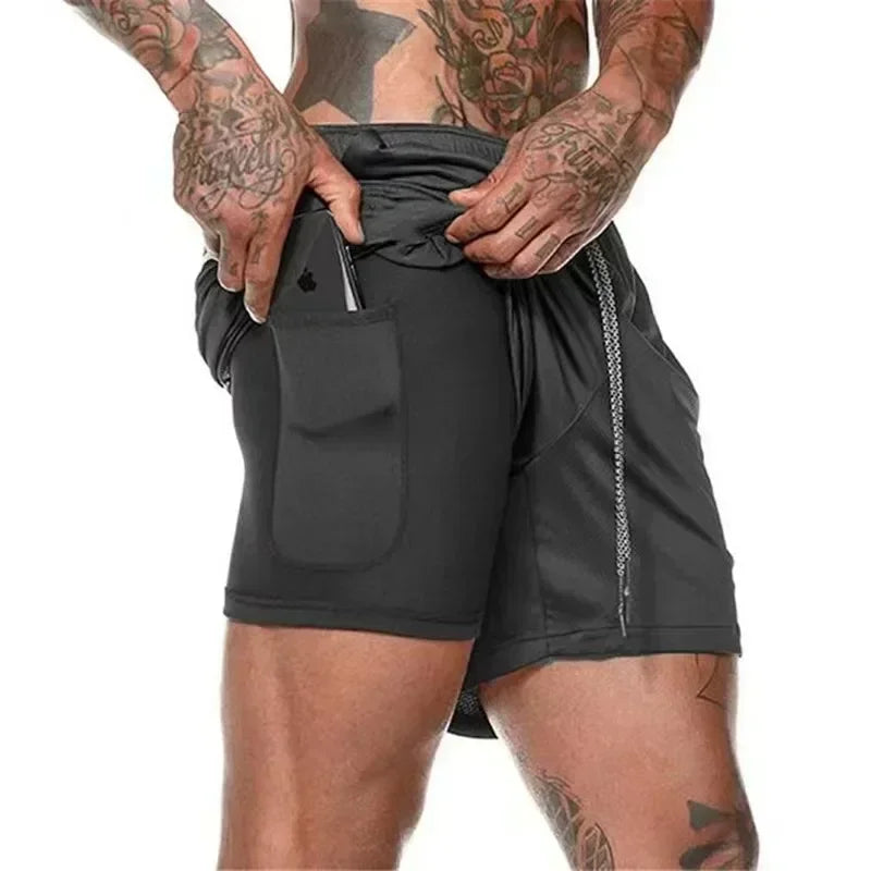 2025 Zipper Pockets 2 In 1 Double-layer Quick Dry NEW Men Fitness Bodybuilding Shorts Gym Workout Male Sportswear Jogger