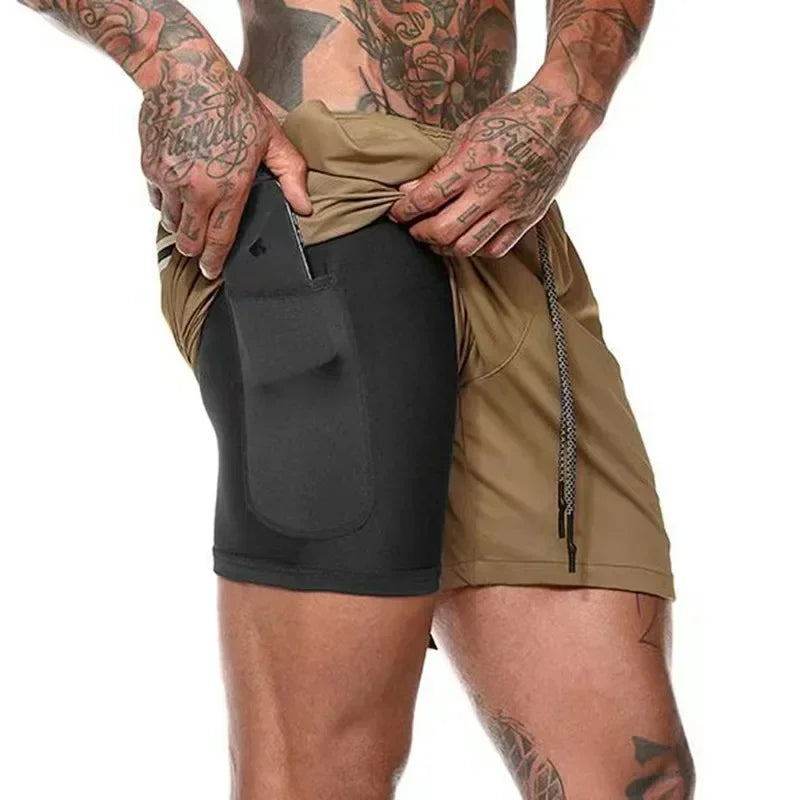 2025 Zipper Pockets 2 In 1 Double-layer Quick Dry NEW Men Fitness Bodybuilding Shorts Gym Workout Male Sportswear Jogger