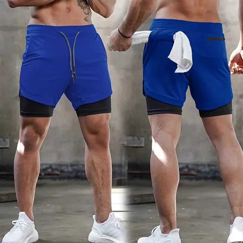 2025 Zipper Pockets 2 In 1 Double-layer Quick Dry NEW Men Fitness Bodybuilding Shorts Gym Workout Male Sportswear Jogger