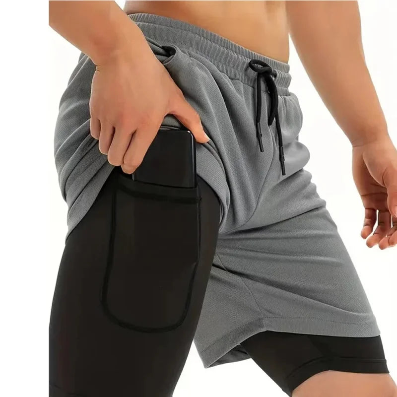 2025 Zipper Pockets 2 In 1 Double-layer Quick Dry NEW Men Fitness Bodybuilding Shorts Gym Workout Male Sportswear Jogger